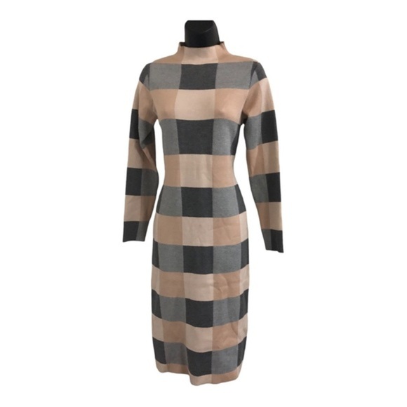 Charcoal grey tan beige checkered mock‎ neck sweater knit dress size large new - Picture 1 of 13